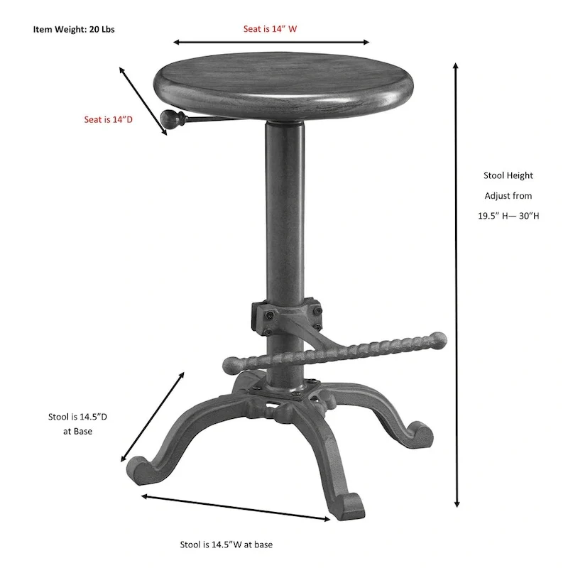 Adjustable Height Stool - Wood Seat with Cast Iron Base (Chestnut)