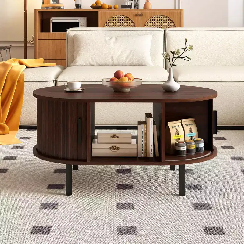 Costway Oval Coffee Table with Storage Sliding Tambour Doors Open Compartment