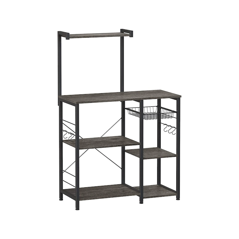 Kitchen Microwave Oven Stand Shelf with Wire Basket and 6 S-Hooks - 35.4 L x 15.7 W x 52 H