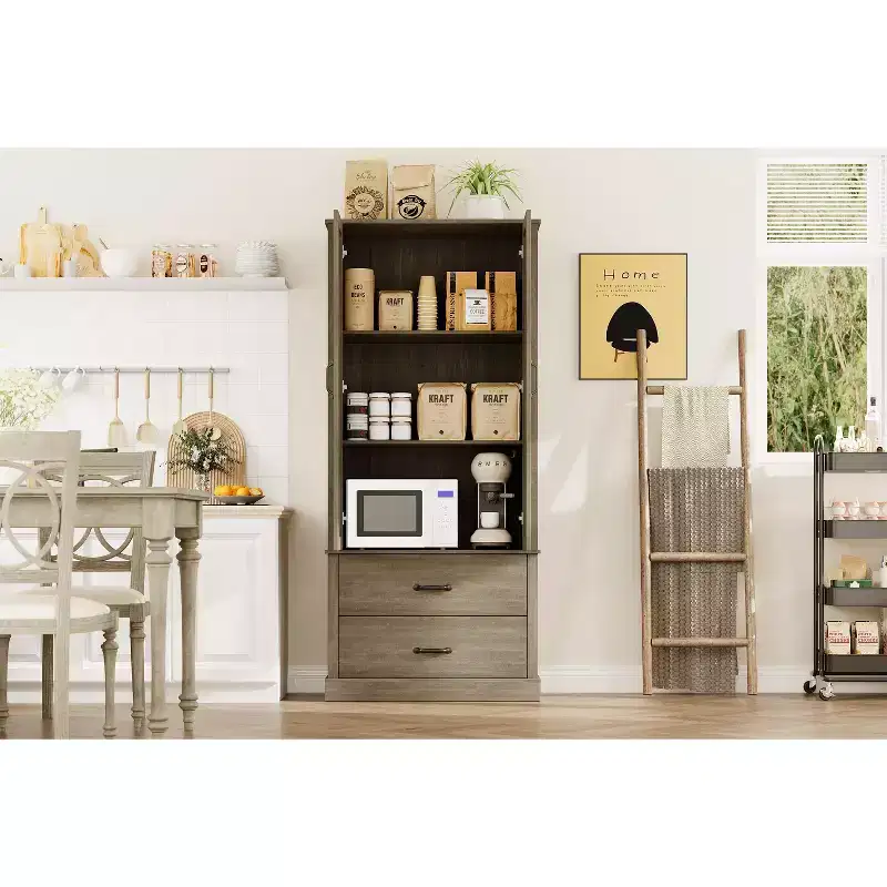 Farmhouse Kitchen Pantry Cabinet,Wood Kitchen Cabinet with Barn Door,Drawers and Adjustable Shelf, Storage for Dining Room,Living Room,Office