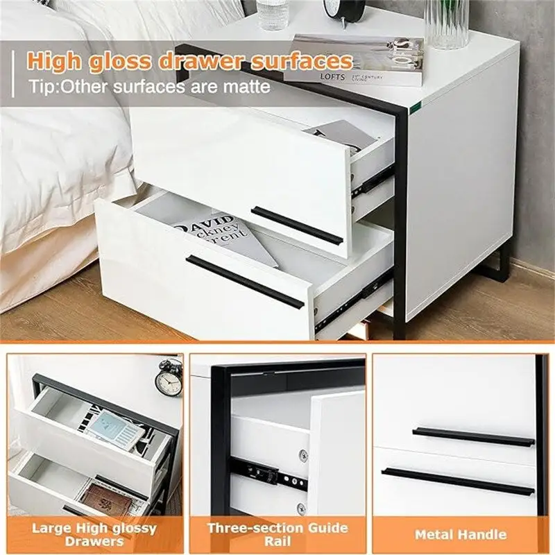 LED Nightstand with 2 High Gloss Drawers