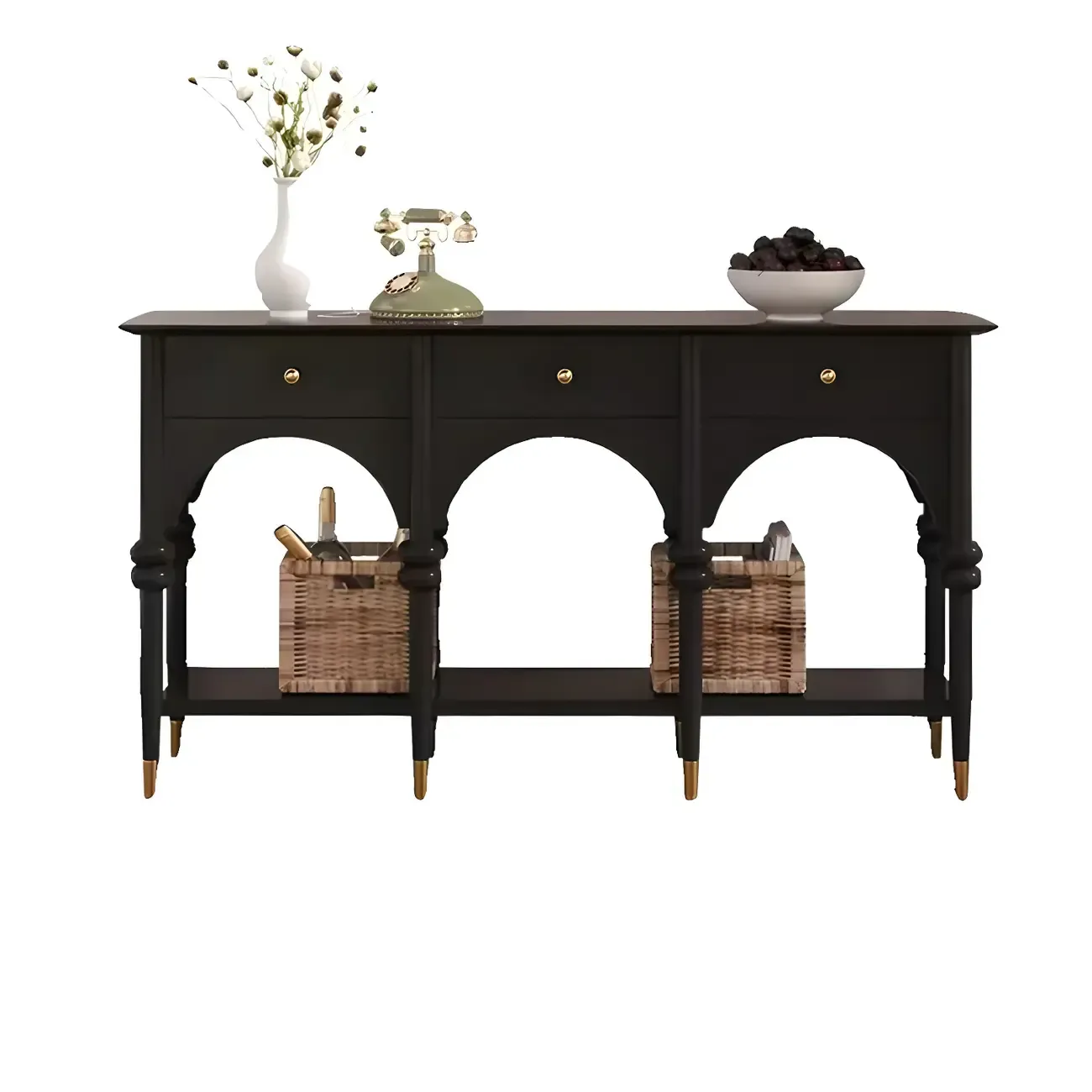 Rectangular Black Wood Console Table with Drawers