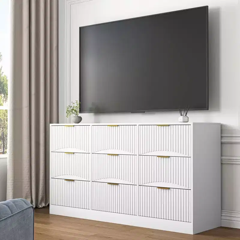 JVNOXK 63-inch Large Wooden Nine-Drawer Chest with nine deep drawers, suitable for bedrooms. Drawer fronts feature a wavy pattern. White