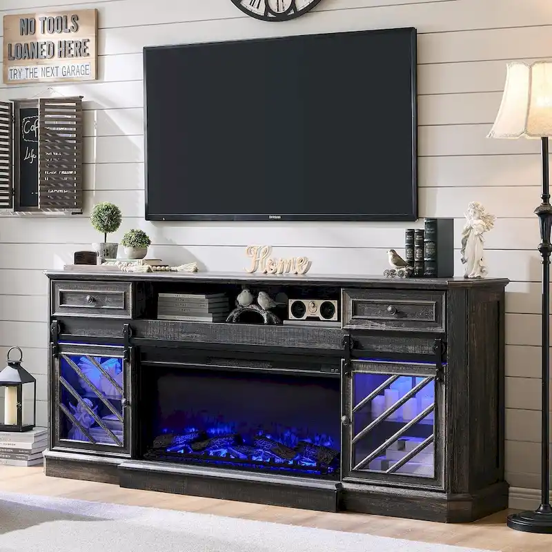 Farmhouse Fireplace TV Stand for 85 Inch TV, Entertainment Center