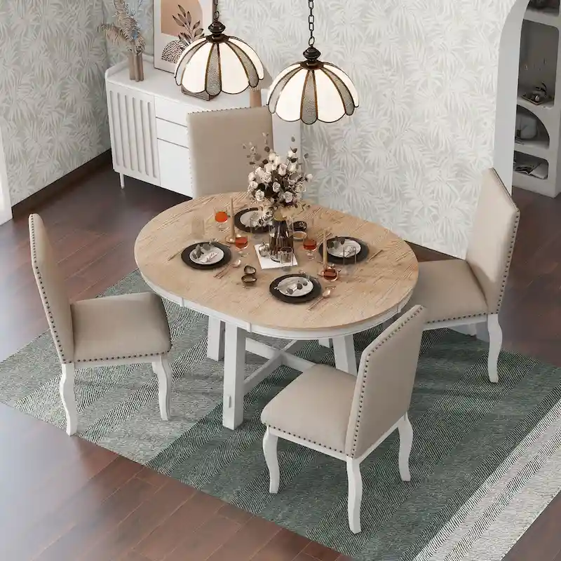 5-Piece Wooden Dining Table Set with Extendable Round Table & 4 Chairs