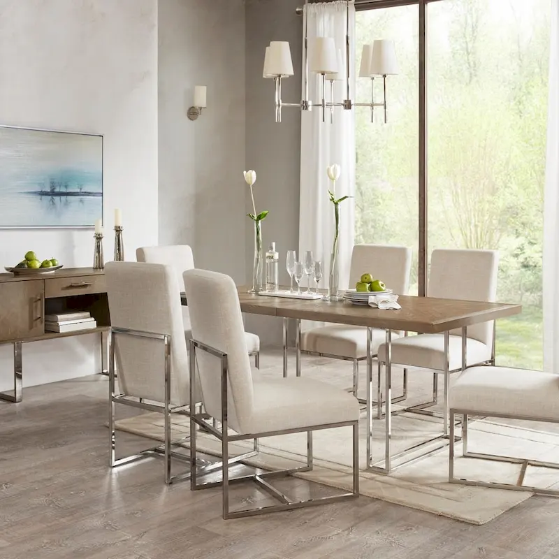 Natural Fabric Dining Chair with Metal Legs (Set of 2)