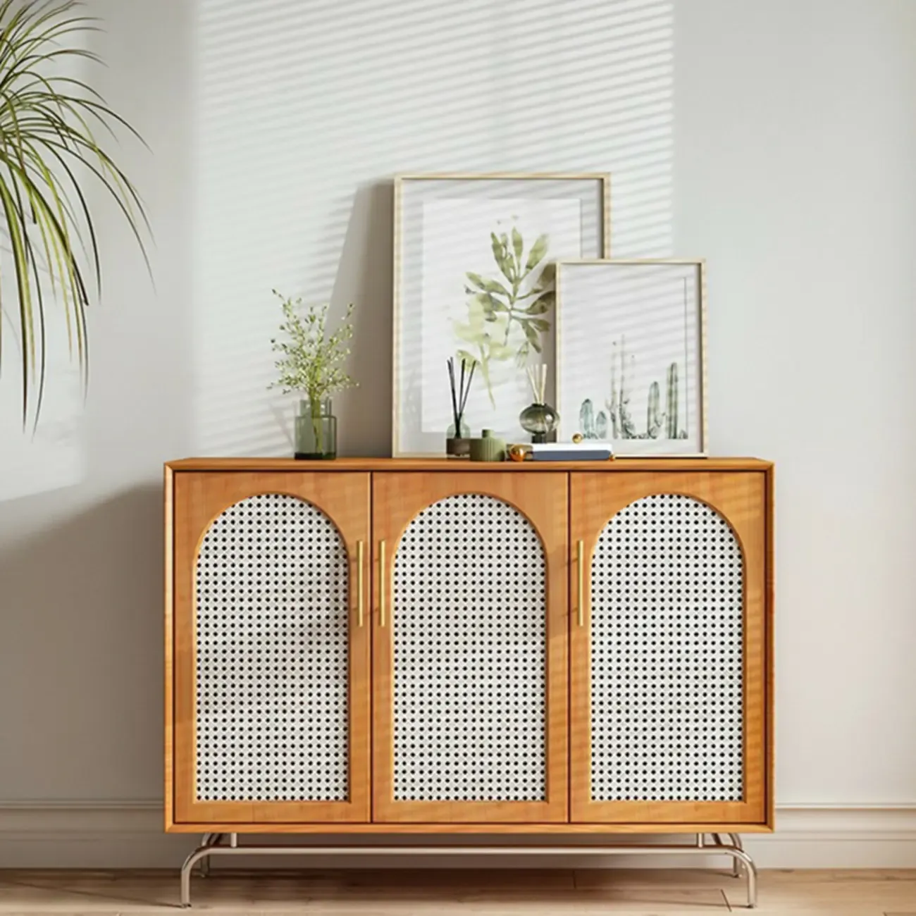 Modern Natural Cherry Decorative Woven Cabinet for Living Room