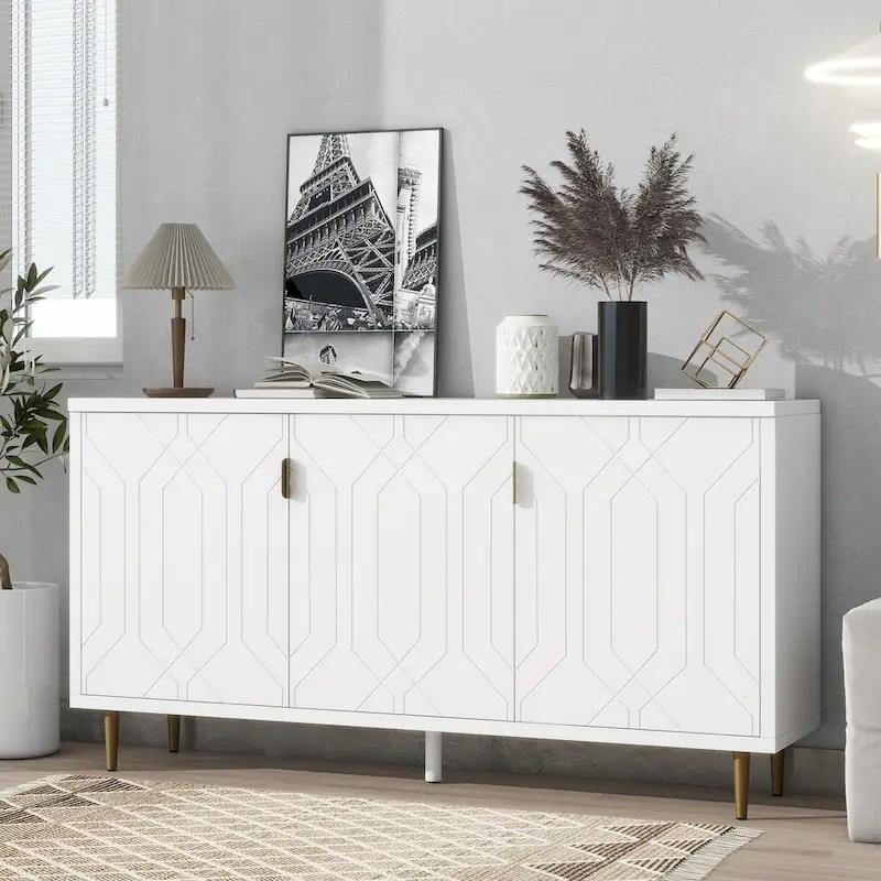 White / Black Scandinavian TV Stand with Doors & Shelves, Fits TVs Up to 70
