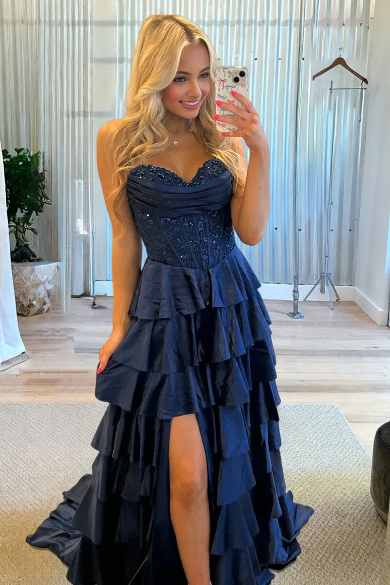 Navy Blue Sweetheart A Line Satin Appliqued Prom Dresses With Ruffles