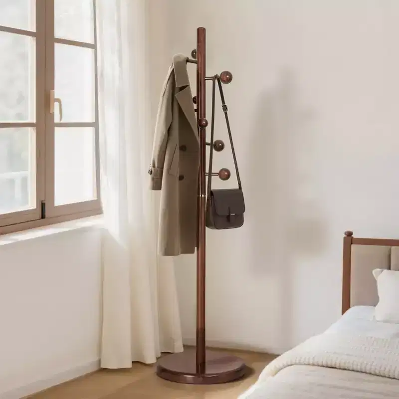 Bekrvio Wood Coat Rack Freestanding with 9 Hooks, Stable Round Base, Heavy Duty Hall Tree Coat Stand-72.4H x 15.4W
