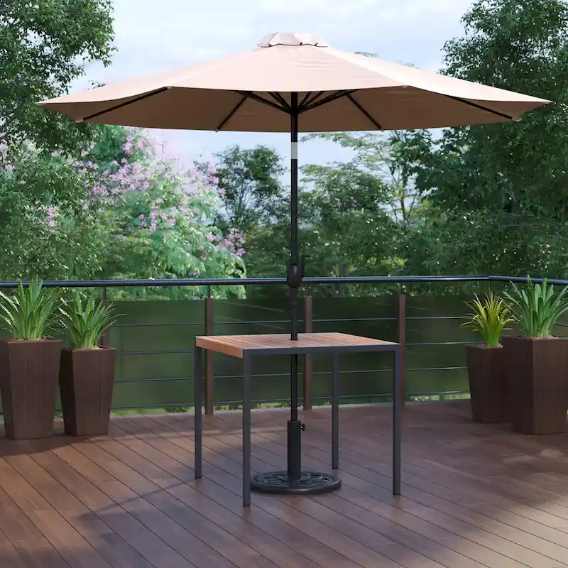 Black Steel Framed 35 Square Faux Teak Patio Table-Tan 9FT Patio Umbrella-Base