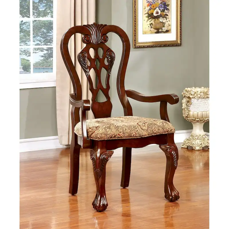 Cherry Brown Traditional Fabric Dining Arm Chair, Set of 2