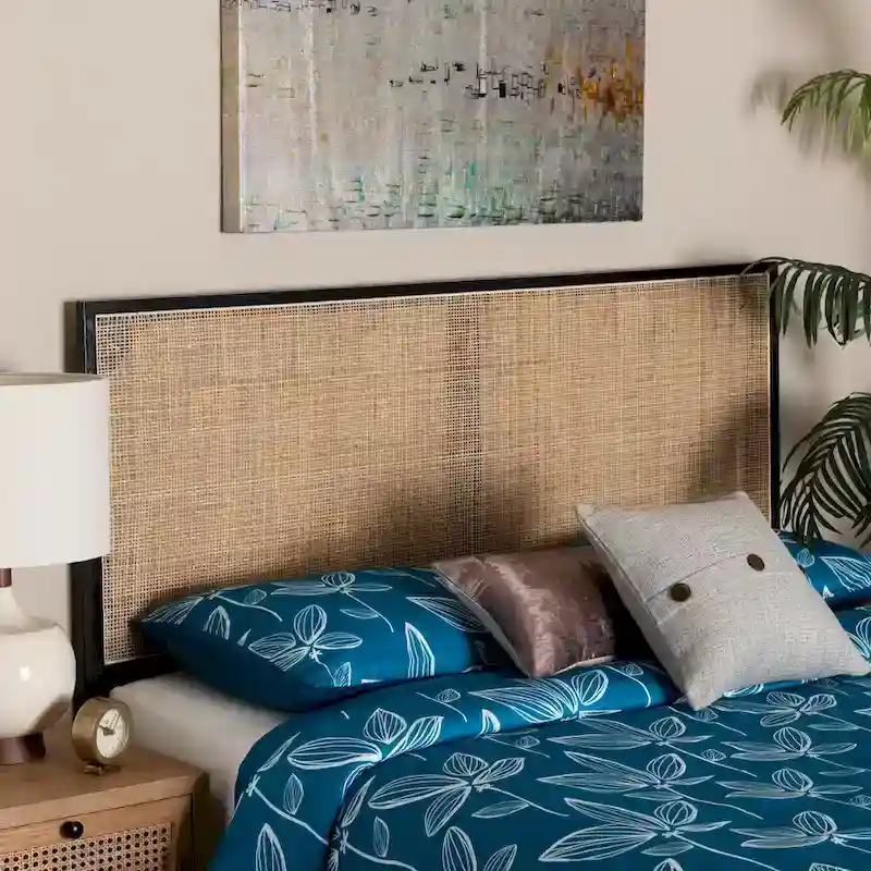 Natural Brown / Black Bohemian Rattan Headboard, Queen, 1-Person