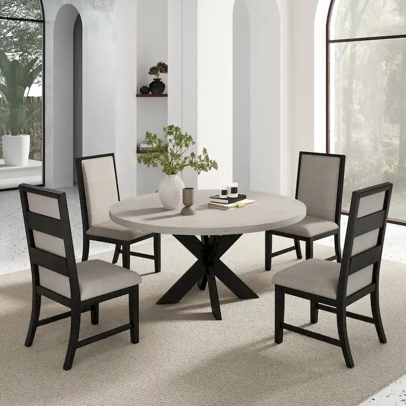 Roundhill Furniture Gates 5-Piece Round Dining Set, Light Gray