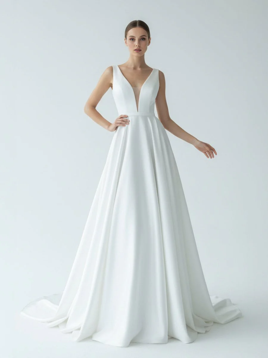 A-Line White Satin Elegant V Neck Wedding Dress