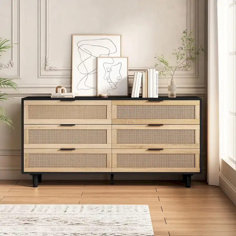 Natural/Black Rattan 6-Drawer Storage Dresser, 1-Piece
