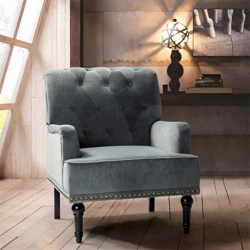 Velvet Button Tufted Accent Chair with Nailhead Trim