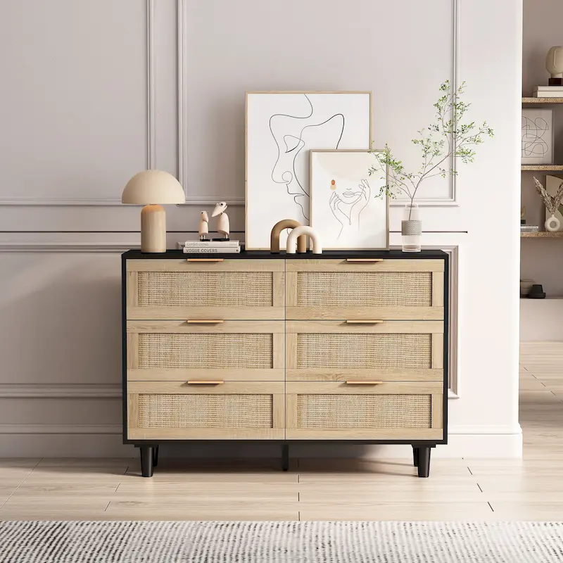6 Drawers Rattan Storage Cabinet Rattan Drawer,for Bedroom,Living Room,Wood Color