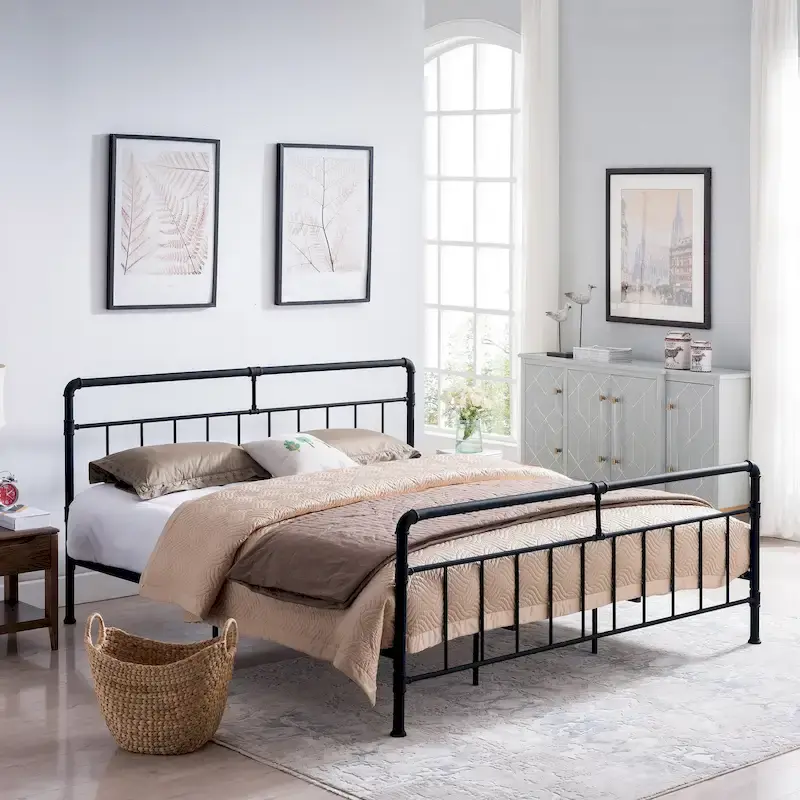 Black Industrial King Size Bed Frame with Iron Pipe Design