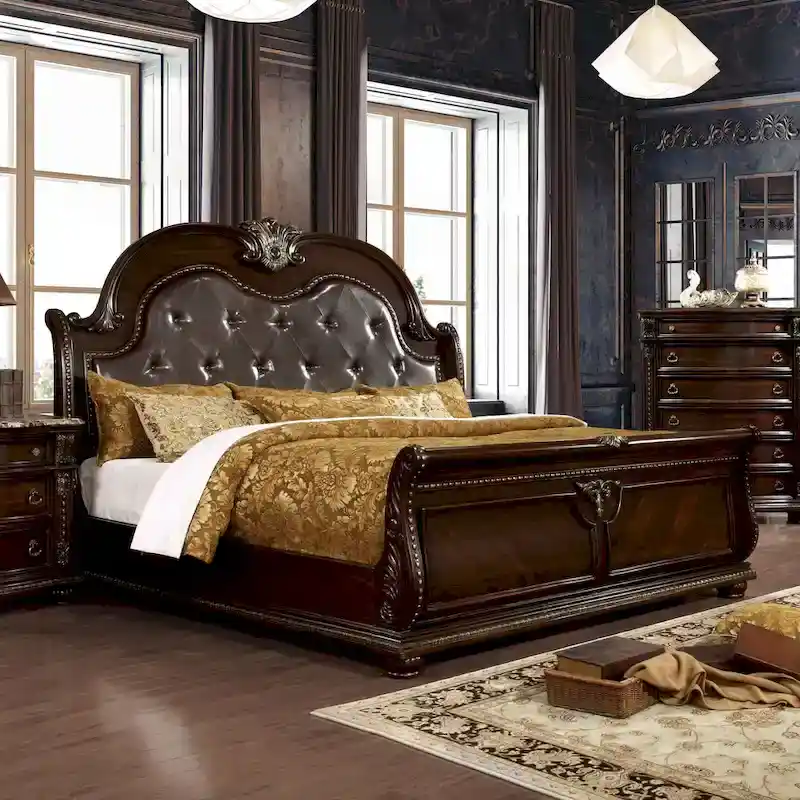 Traditional Solid Wood Sleigh Bed with Tufted Leatherette Headboard