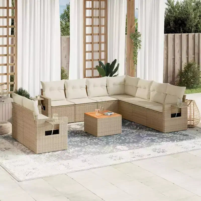 vidaXL 10 Piece Patio Sofa Set with Cushions Beige Poly Rattan