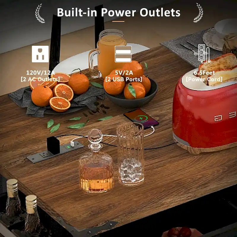 53.5 Farmhouse Kitchen Island with Power Outlet, Drop Leaf, Spice Rack, Drawer, and Wheels