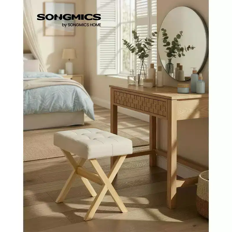 SONGMICS Foot Stool Ottoman, Padded Foot Rest Vanity Stool Under Desk with Solid Wood Frame