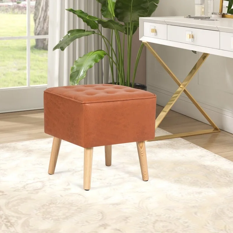 Adeco Square Faux Leather Tufted Footstool Ottoman Footrest Stool