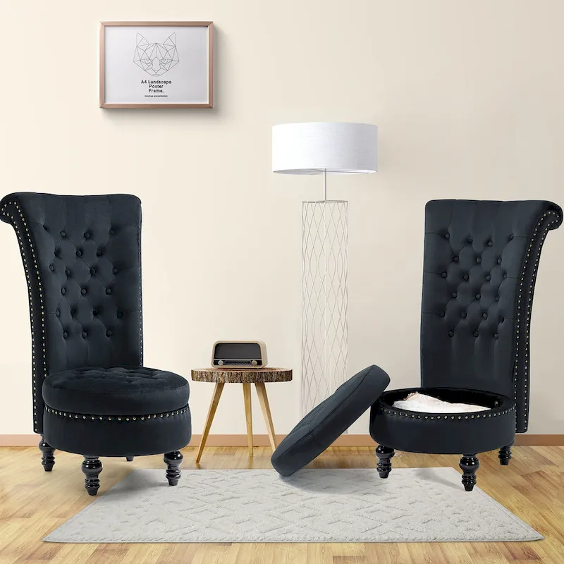 Set of 2 High Back Throne Chair Velvet Armless Royal Accent Chair with Storage