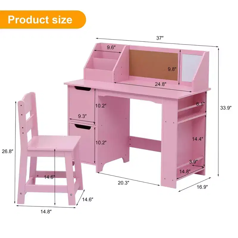 Desk and Chair Set with Storage Cabinets, Bulletin Board, Bookshelf, Side Shelves, Ideal Study & Art Table for Kids Ages 3-8, Spacious Storage