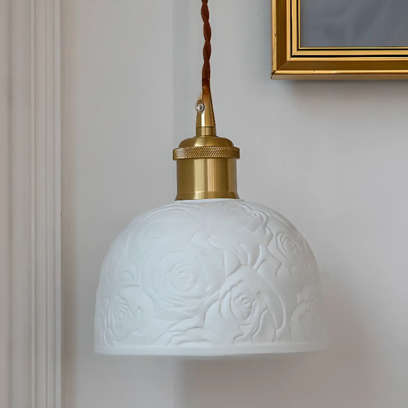 Elegant Brass Rose Ceramics Dome Pendant Light