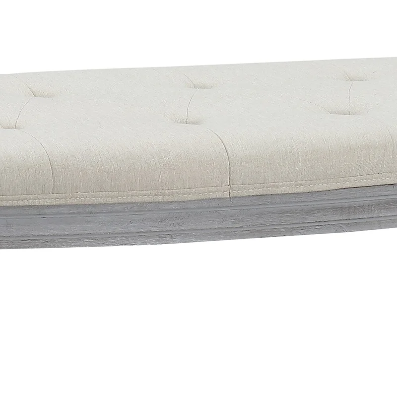 Coastal Tufted Beige Upholstered Wood Leg Bench