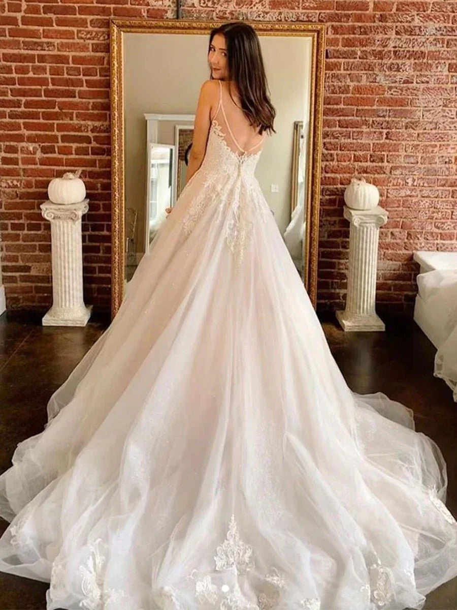 Spaghetti Straps White A Line Tulle Wedding Dresses with Lace Appliques
