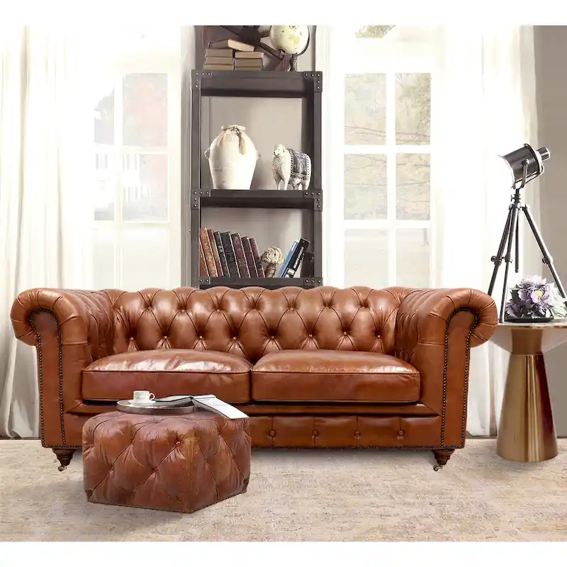 Pasargad Home Paris Club Genuine Leather Chester Bay Tufted Sofa/Chair