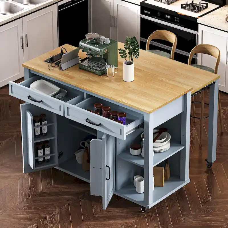 47 Rubber Wood Kitchen Island with Extendable Dining Table, Internal Storage Rack, Power Outlet, Storage 2 Drawers, 2 Cabinet