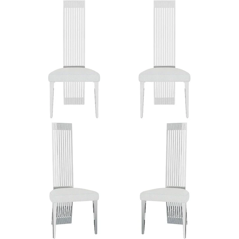 White Boucle and Silver Dining Chairs with Mirrored Silver Vertical Metal Tube Back