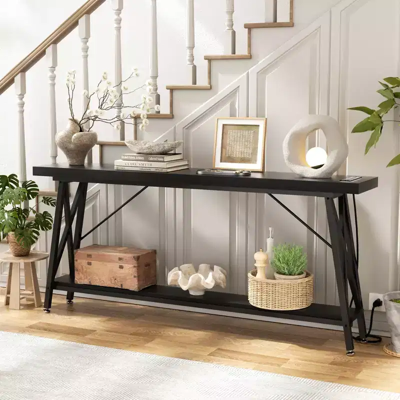 Besiost 71'' Console Table with Charging Station, Industrial Metal Frame Sofa Table with Storage Shelf