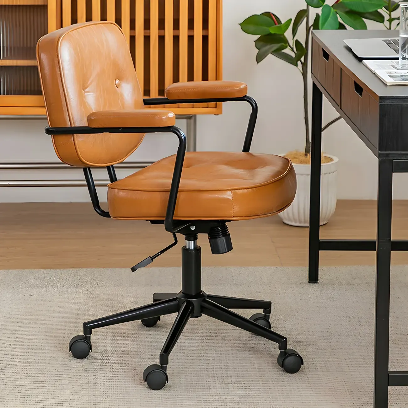 Modern Brown Leather Swivel Low-Back Office Chair