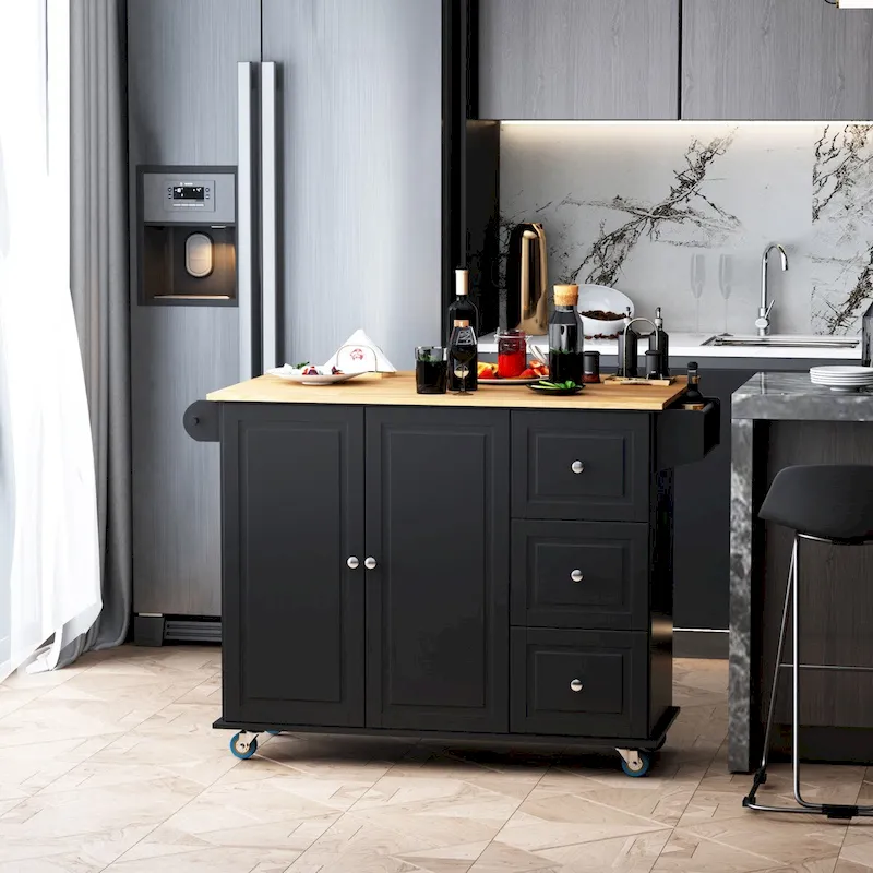 Mobile Kitchen Island with Drop Leaf, Towel Rack and 3 Drawers