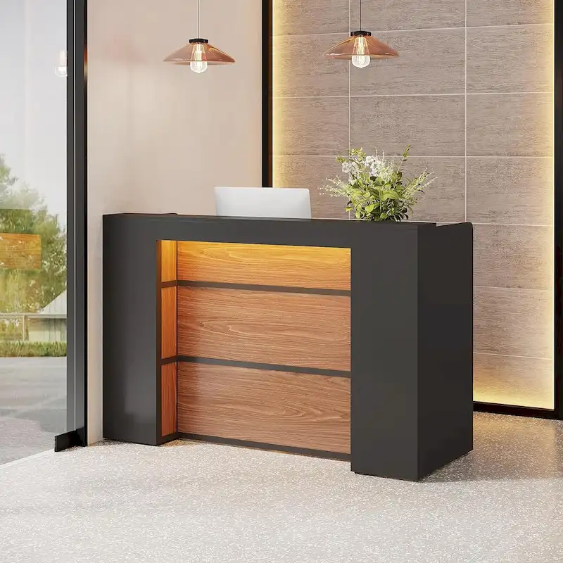 Reception Desk Front Desk with LED Lights,Large Reception Counter Table with Private Panels