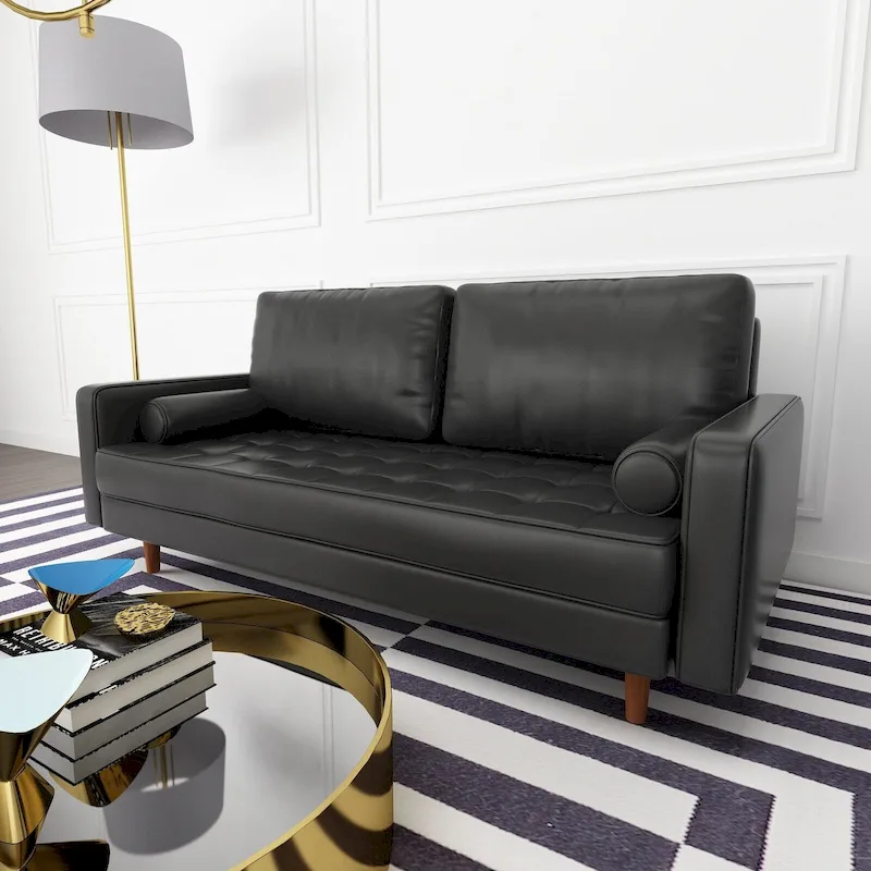Black / Brown Tufted Faux Leather Sofa, Mid-Century Style, 2-Seater