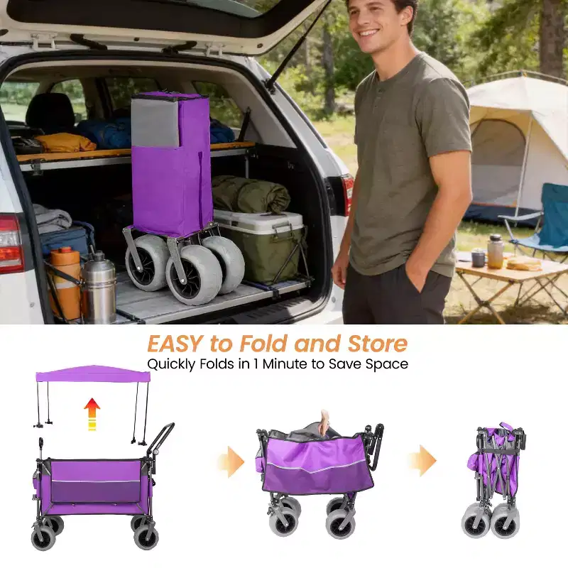 Multi-Functional Push-Pull Wagon with Canopy & 9x4 Beach Tires, Rotating Handle, 480 lbs 300L Capacity