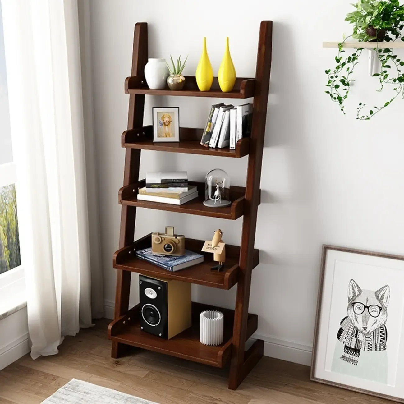 Narrow Modern Solid Wood 5-Tier Open Ladder Bookcase