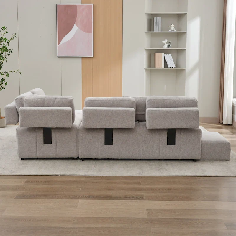 91.73  L-Shaped 4 Seater Sectional Sofa with 2 Hidden Stools, 2 Removable Lumbar Pillows, and Durable Chenille Upholstery