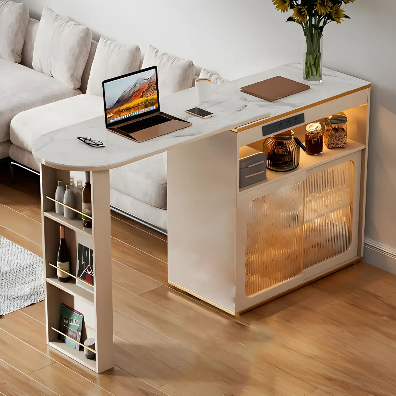 Modern Stone Bar Table with Wood Double Pedestal and Storage