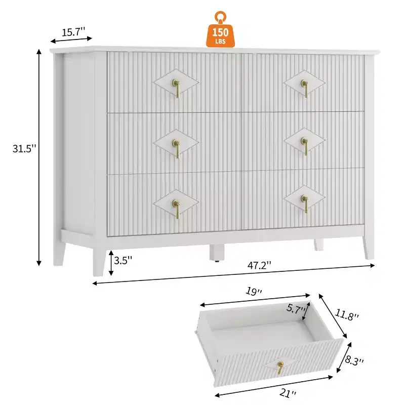 48 Wide 6-Drawer Dresser, Modern Chest with Metal Handles for Bedroom Storage, White