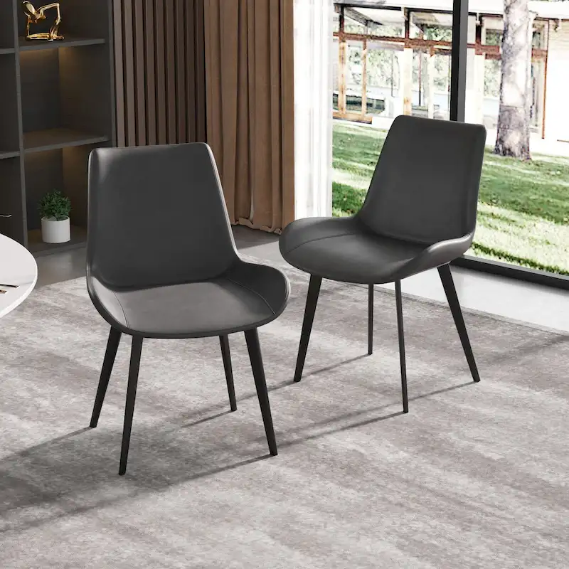 Grey / Brown Mid-Century Dining Chair, PU Leather, Set of 2