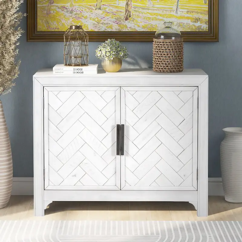 Antique White/Blue/Gray 2-Door Storage Cabinet with Adjustable Shelf