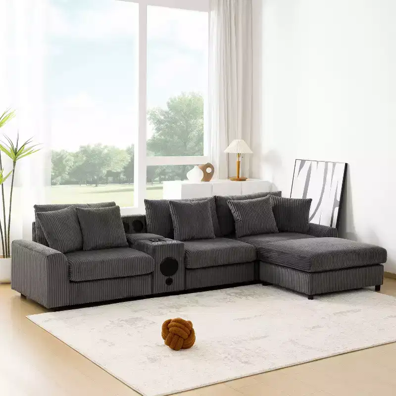 114''W Corduroy L-Shaped Sectional Sofa with Bluetooth Speakers, USB Charger, Cup Holders and Ottoman - ModernLuxe