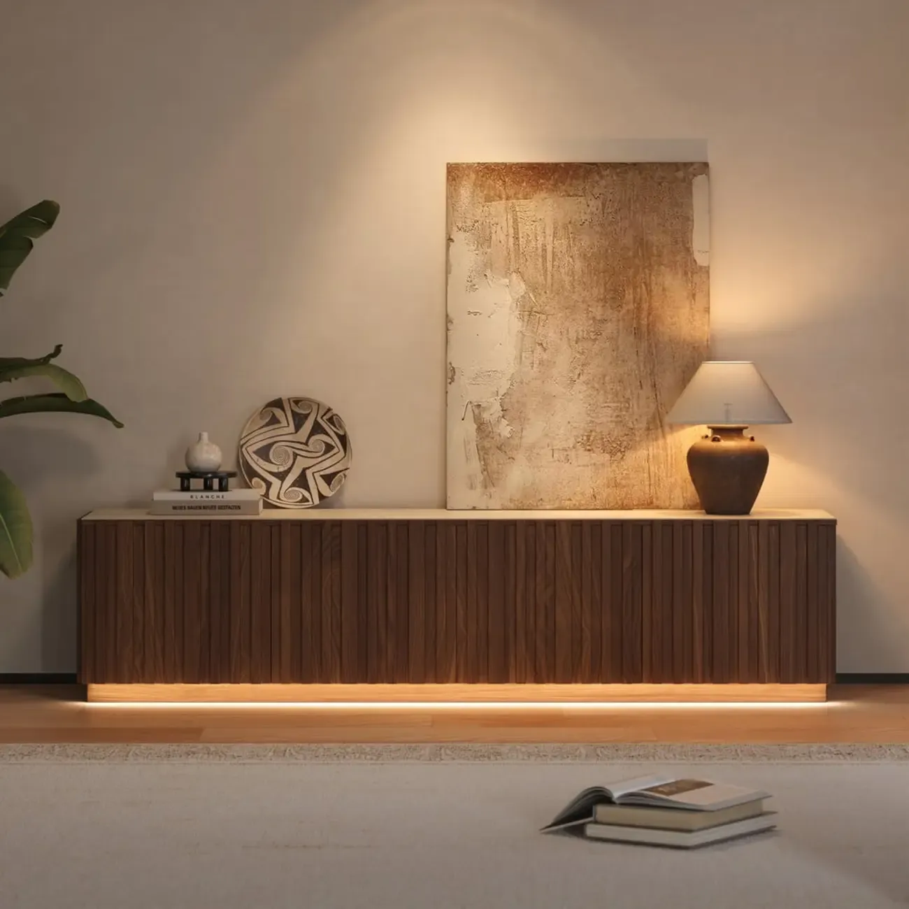 Mid-Century Wooden Slatted Walnut TV Stand with Doors